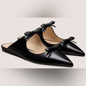 Stuart Weitzman Reese Flat Slide NIB Black Leather Mary-Jane Bows Pointy Toes 8